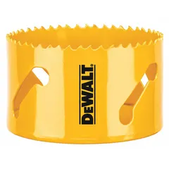 This DEWALT bi-metal hole saw has a 3 1/4 in diameter with 4/5 teeth per inch and a maximum cutting depth of 1 3/4 in. Designed for cutting wood, metal, and plastic, it is used in construction, electrical, and plumbing applications for creating clean, precise holes without an arbor.