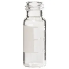 This KIMBLE glass chromatography vial has a 2 mL capacity, 12 mm body diameter, and 9-425 mm screw closure size. It features a round bottom and self-standing design for stable placement. The vial is colorless and supplied without a closure, suitable for use with autosamplers in chromatographic systems.