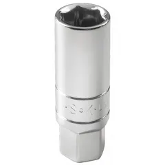 This SAE spark plug socket features a 5/8 in hex size and 6-point design for secure engagement with spark plug hex nuts. Constructed from chrome, it is used for removing and installing spark plugs in internal combustion engines. Standard length with 3/8 in drive.