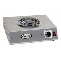 Single-element electric hot plate with a 6-inch tubular heating element. Provides 3,753 BtuH heating capacity at 120V AC. Suitable for surface heating tasks in laboratory, food service, or light manufacturing settings.