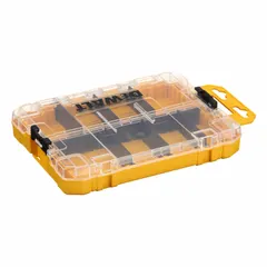 Yellow plastic tool organizer box with a hinged lid and six compartments. Measures 8 7/8 inches wide, 7 5/8 inches deep, and 1 11/16 inches high. Suitable for storing and organizing small tools, bits, and fasteners in workshops or on job sites.