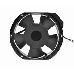 This standard round axial fan from Dayton has a 5 7/8 in diameter and 1 1/2 in depth, constructed with an aluminum body. It operates on 120V AC and features lead wire connections for easy installation. The fan includes a fan guard for protection. Suitable for general-purpose cooling and ventilation in industrial equipment, electronics cabinets, and small enclosures.