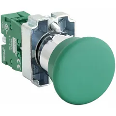 Momentary-action push button with a metallic mushroom head profile. Features a 22 mm mounting diameter and 1NO contact configuration. Suitable for use as an emergency-stop or control actuator in industrial machinery and control panels.