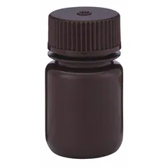 This 30 mL (1 fl oz) HDPE wide mouth round lab bottle features an amber body that protects light-sensitive contents. It includes an unlined 28-415 mm closure for secure sealing. Suitable for collecting, storing, and transporting liquid samples in laboratory and industrial settings. Not graduated.