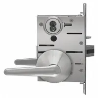 This office lever lockset is constructed of stainless steel with a satin stainless steel finish. It is ADA compliant and designed with ligature-resistant features for institutional safety. Suitable for use in commercial and institutional settings where accessibility and reduced ligature points are required