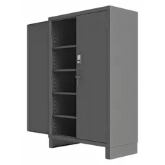 Welded steel cabinet with gray powder-coated finish, 60 in wide x 24 in deep x 78 in high. Includes four adjustable shelves. Equipped with a swing handle and electronic keypad/card reader lock. Stationary legs. Shipped fully assembled. Suitable for secure storage of tools, parts, and equipment in warehouses, factories, and maintenance facilities.