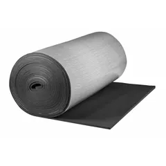 This Buna-N Rubber/PVC insulation sheet measures 3 ft x 4 ft with a thickness of 1 1/2 in. It features a self-adhesive backing for easy installation and is plenum rated. The black sheet is used for thermal and acoustic insulation in environments where oil resistance is required, such as industrial piping, HVAC ducts, and refrigeration lines.