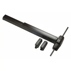 Bronze surface vertical rod exit device with touchbar and night latch. Designed for doors up to 3 ft wide. Suitable for use in commercial and industrial facilities requiring code-compliant emergency egress.
