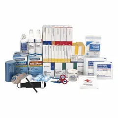 This bulk refill is designed for industrial first aid kits, serving 100 people with 687 components. It is ANSI/ISEA Z308.1-2021 compliant and includes a Windlass Tourniquet, 25 Fingertip Bandages, Antiseptic Spray, and 100 Non-Aspirin Pain Relievers. The refill is latex free and compatible with kit MPN 91339.