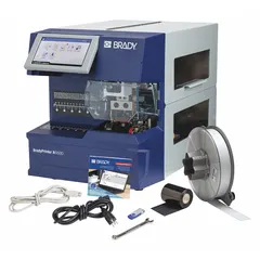 300 dpi thermal transfer printer and applicator for flag labels, with Ethernet, USB, and Wi-Fi connectivity. Prints up to 7,000 labels per day without a cutter. Includes Brady Workstation Product and Wire ID Software Suite and printer applicator. Used for wire and cable identification in industrial settings.