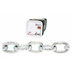 This Grade-30 load-securing chain is made of carbon steel with a straight, welded design. It is used for tie-downs, towing, and general industrial binding in logistics and construction applications.