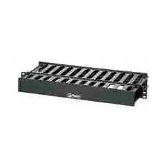 This 1U horizontal finger-style cable manager is constructed of black plastic and includes a cover. It provides dual-side cable routing and organization in standard 19-inch racks, with an overall depth of 8 7/8 inches. Suitable for managing network cables in telecommunications and IT equipment installations.