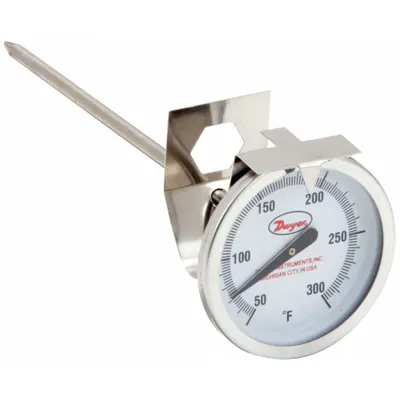 Dwyer Clip On Dial Thermometer: 50°F to 300°F, +/- 2% Accuracy, 8 in Stem Lg - General Purpose Vat & Pan Clip-On Dial Thermometers