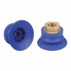 This bellows type vacuum pad assembly features 1.5 folds and a 56 mm pad diameter. It has a 3/8 in NPT connection and is made of NBR material in blue with a 60 A durometer. Suitable for automated handling applications where a secure grip on curved or uneven surfaces is required.