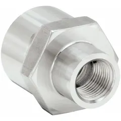 This 316 stainless steel pipe fitting is a straight connector with 3/4 in x 3/8 in thread sizes, rated for 4500 psi. It is used in high-pressure hydraulic and pneumatic systems to join and direct fluid flow.