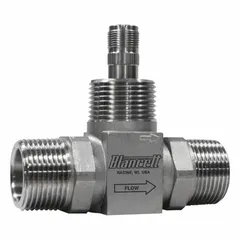 This inline turbine flowmeter is designed for measuring flow rates of oils and water in industrial piping systems. It features a 6-inch flange connection, stainless steel rotor, and provides a standard frequency pulse output with +/-1% accuracy. The unit measures in gallons and has no display.