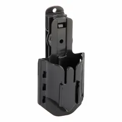 This black plastic tool holster from PACIFIC HANDY CUTTER, INC is designed to carry safety cutters. It features an open-top closure and a clip attachment that fits belts up to 1.5 inches wide. The holster provides hands-free access to the cutter while keeping it securely stored when not in use.