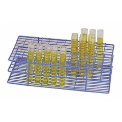Benchtop test tube rack made of steel with a blue finish. Holds up to 24 test tubes. Overall dimensions: 5 in length, 3 5/8 in width, 2 1/2 in height. Suitable for organizing samples in laboratory settings.