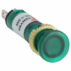 This LED indicator pilot light features a flush head design for a low-profile appearance on control panels. It mounts in a 5/16 in diameter hole and connects via a 0.11 in male quick disconnect terminal. Suitable for visual status indication on industrial control panels, machinery, and automation systems.