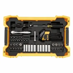 This 131-piece socket set includes 1/4 in and 3/8 in drives, covering metric sizes from 9 mm to 13 mm. It is used for tightening and loosening fasteners in automotive repair, machinery maintenance, and general assembly.