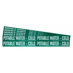 Green adhesive pipe marker with white legend reading 'Potable Water - Cold', designed for pipes with outer diameter 3/4 to 2-3/8 inches. Sold in a 5-pack without arrows. Used to identify cold potable water piping in commercial and industrial facilities.