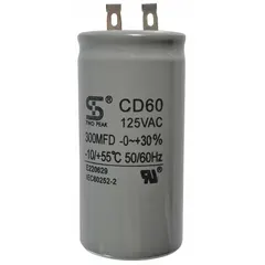 Capacitor with 300 microfarad capacitance and 125 volt rating. Used as a replacement part in motor start or run applications for industrial equipment such as HVAC systems, pumps, and compressors.