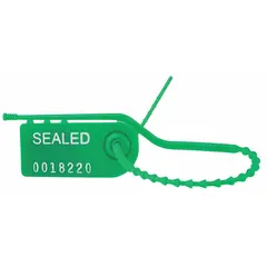 Pull-Tight Seal: Green, 8 in Strap Lg, 1/8 in Strap Wd, 6 lb Breaking Strength, 1,000 PK (MPN 32531081-02). Key specifications — Marking Message: Sealed; Marking Numbering: Sequential.