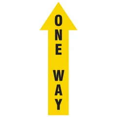 Yellow plastic floor sign with adhesive backing for directing traffic flow. Nominal size 12 in x 4 in, 0.004 in thick. Not retroreflective. Suitable for marking one-way paths in industrial or commercial facilities.