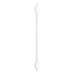 Cleanroom swab with a 3 in overall length, 1/2 in pointed cotton tip, and 2 1/8 in paper handle. Features a rigid tip with low extractables for precision cleaning. Suitable for removing contaminants from tight spaces in controlled environments.