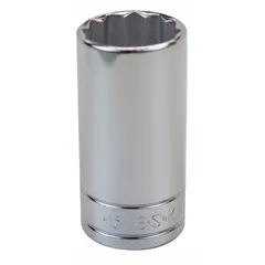 This 3/8" drive hand socket features a 15/16" SAE size with a 12-point, deep design for accessing recessed fasteners. The chrome finish provides corrosion resistance. Suitable for turning hex bolts and nuts in automotive and mechanical applications.