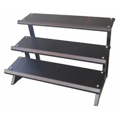 Weight storage rack with three tiers for organizing dumbbells in fitness facilities. Overall height 42 1/2 in, width 39 1/4 in. Powder-coated finish. Suitable for commercial or home gyms to reduce floor clutter and improve equipment accessibility.