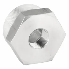 Straight pipe fitting with 2 in male NPT and 3/4 in female NPT threaded connections. Rated for 2400 psi. Used in industrial hydraulic and pneumatic systems for connecting or redirecting fluid lines.