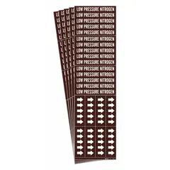 Adhesive pipe marker for identifying low pressure nitrogen lines. Brown background with white legend text and directional arrows. Fits pipes with outside diameter of 3/4 inch and smaller. Supplied in a 5-pack.
