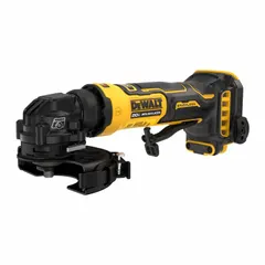 This cordless angle grinder operates on a 20V DC power system and features a brushless motor for efficient performance. It has a standard head and barrel grip, accepting 4-inch wheels. Suitable for cutting and grinding applications on metal, masonry, and other materials in fabrication, maintenance, and construction environments.