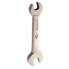 This nonsparking wrench is made from aluminum bronze with a natural finish, featuring two open ends sized 17 mm and 22 mm. With an overall length of 8 inches, it is used in environments where sparking from steel tools must be avoided.