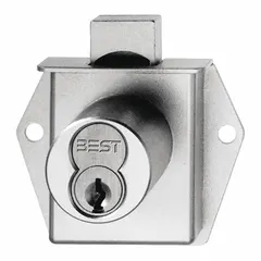Deadbolt lock for cabinets and drawers with a vertical diamond shape. Body height 2 1/8 in, width 1 7/8 in. SFIC compatible (core not included). Includes key override. Finish: Satin Brass and Gold.