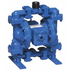 This aluminum housing air-operated double-diaphragm pump features 1/2 in NPT connections, a flow rate of 15 gpm, and a maximum head of 289 ft. Wetted parts include PTFE seats, PTFE check valves, and PTFE diaphragms with Santoprene backing, suitable for handling corrosive fluids in industrial and chemical transfer applications.