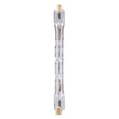 This 120V AC halogen lamp features a recessed single contact (R7s) base and T3 shape. Suitable for floodlights, work lights, and security fixtures requiring bright, focused illumination.