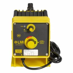Compact solenoid-driven diaphragm metering pump for precise chemical dosing. Operates on 115V AC with acrylic/PP head and fittings, PTFE diaphragm, 316 SS check balls, and FKM seals. Reproducibility ±1.0%. Suitable for water treatment, industrial processing, and chemical injection applications.