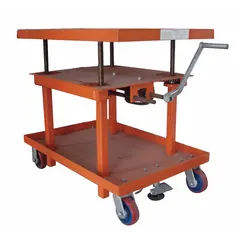 This manual post-lift table is designed for precise positioning of loads up to 2000 lb. The steel platform measures 36 in L x 24 in W, with an overall height of 42 in. Typical applications include assembly, maintenance, and warehouse tasks requiring ergonomic height adjustment.