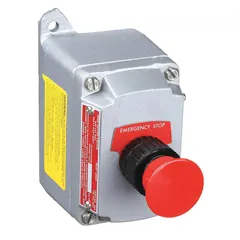 This 1-gang push-button control station features a mushroom head push button with maintained action and an Emergency Stop legend. It is configured with a 1NO/1NC contact form and a 1/2 in conduit entry. Suitable for use as an emergency stop device in industrial environments requiring reliable machine shutdown and safety isolation.