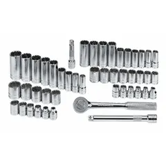 This 47-piece socket set includes 12-point metric and SAE sockets with a 3/8 in drive, covering sizes from 6 mm to 19 mm. Deep sockets and a 7.6 in fixed round head ratchet with friction drive are included. Suitable for automotive repair, equipment maintenance, and general mechanical fastening tasks.