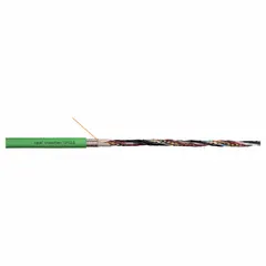 Servo motor feedback cable with green TPR jacket. Conductor grouping consists of two pairs of 26 AWG and two 22 AWG conductors. No ground conductor included. Minimum bend radius factor is 4 x OD for fixed installations and 6 x OD for flexible applications. Sold by the foot.