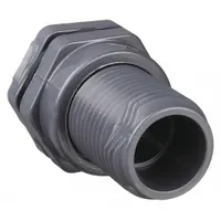 This PVC through-wall fitting has a 6-inch female socket on both the inside and outside, allowing secure connections through tank walls. It is used in fluid handling systems for water treatment, chemical processing, and storage tank installations