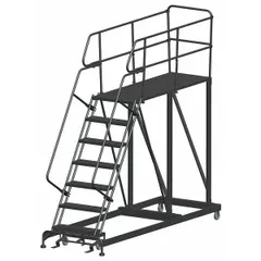 This rolling single-access platform from BALLYMORE provides a fixed-height elevated work surface for maintenance, assembly, and warehousing tasks. The steel platform measures 36 in x 72 in and supports up to 800 lb. Handrails are included for safety, and the foot-activated step lock secures the platform in place during use.