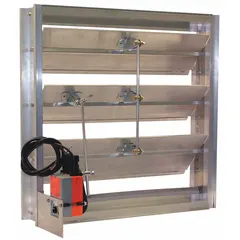Rectangular motorized control damper with flat blades, normally open switch action, and TPV blade seal. Measures 29-3/4 in height and width, 14-1/2 in length. Rated for 100/240V AC and maximum air velocity of 3500 fpm. Used in HVAC systems for automated airflow regulation in rectangular ductwork.