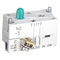 This contact block provides a single normally open (1NO) momentary contact for industrial control circuits. It features screw clamp terminals for secure wiring and is compatible with E34 series operators. Typical applications include signaling and pilot-duty switching in control panels.