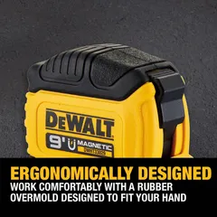 This DEWALT tape measure has a 9 ft (2.7 m) length with SAE inch graduations of 1/16 in. It features a nonmagnetic single hook tip, a magnetic mount for hands-free use, and a manual lock. The yellow plastic case is suited for general measuring tasks in construction and carpentry.