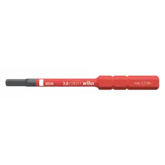 Insulated screwdriver blade with a 2.5 mm hex tip, metric, standard length, made of steel. Designed for driving hex fasteners in electrical panels, terminals, and switchgear where insulation is required for work on live circuits.