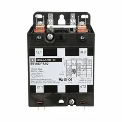 SQUARE D Definite Purpose Magnetic Contactor: 2 Poles, 208-240V AC, 90 A, Non-Reversing (MPN 8910DPA92V09). Key specifications — Brand: SQUARE D; Coil Voltage: 220/208-240V AC; Contactor Style: HVACR Definite Purpose Contactor; Terminal Connection Type: Quick-Disconnect Terminals; Maximum Voltage Rating: 600V AC; Series: 8910 Series Type DPA; Phase: Single; Main Pole Contact Form: 2NO.